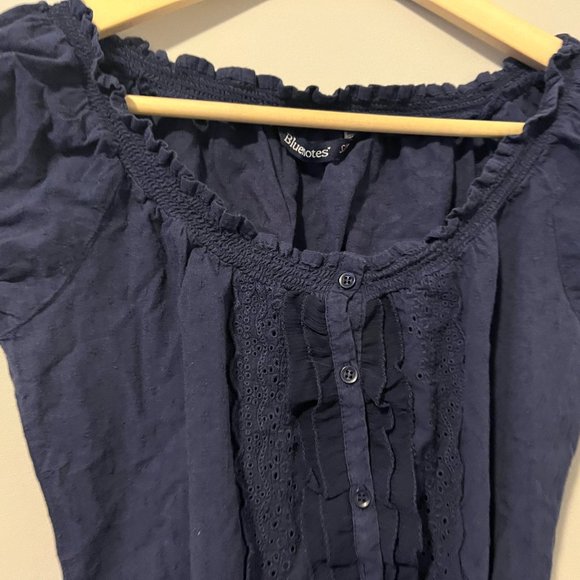 BLUENOTES Navy Blue Frill Trim Short Sleeve Shirred Embroidered Blouse - Picture 2 of 7